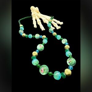 Vintage 1960s Venetian Lampwork Beads Green & Pink Rose Beaded Necklace 31.5”